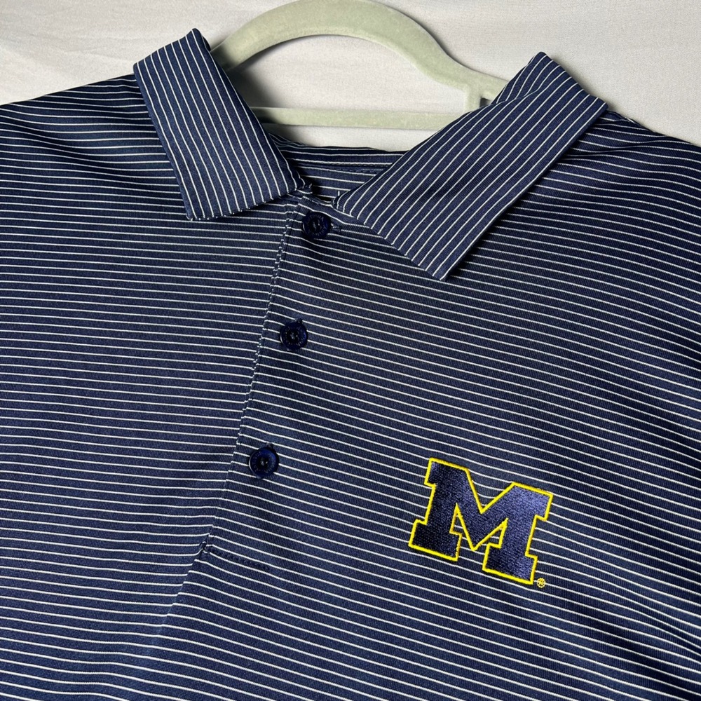 Antigua Michigan Wolverines Polo Shirt Mens 3XLT Navy Blue Striped NCAA College